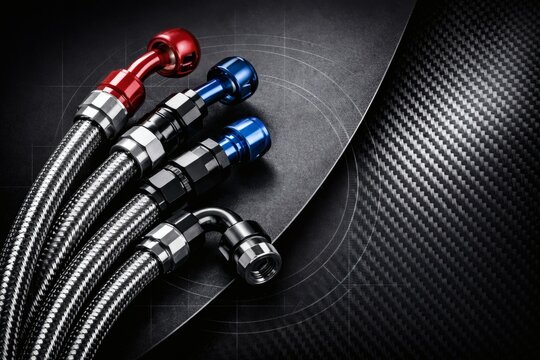 Ultra Detailed Stainless Steel Braided Brake Lines with Anodized Fittings, Carbon Fiber Background, High Performance Automotive Parts, Industrial Studio Render