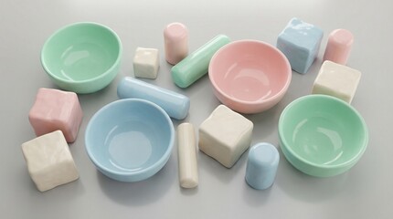 Fototapeta premium Assorted pastel colored bowls and kitchen utensils arranged on a white surface.