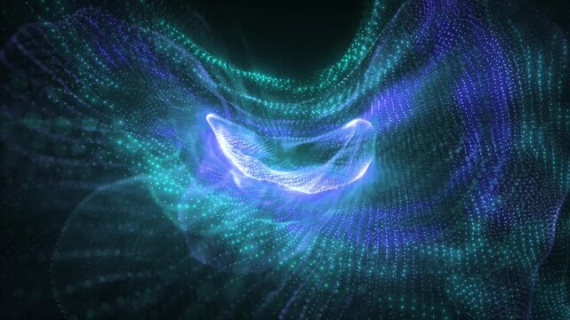 Abstract flowing particle waves in blue and teal tones, forming a glowing vortex of light and data. Futuristic digital motion background. seamless loop