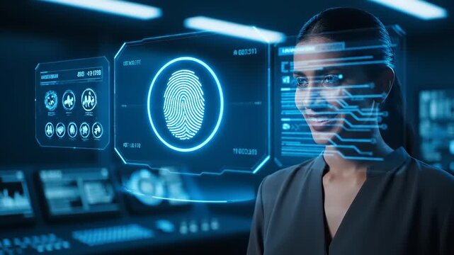 Woman interacting with adobepremiumvideo interface displaying futuristic biometric scan in a high-tech laboratory environment
