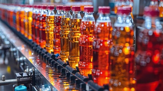 Bottles of vibrant beverages move along conveyor belt in bustling beverage factory, highlighting dynamic process of manufacturing and packaging diverse drink products during daytime manufacture hours