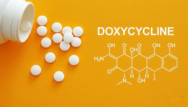 Doxycycline antibiotic tablets spilling from white pill bottle on orange background with chemical structure diagram and copy space, medical pharmacy concept banner