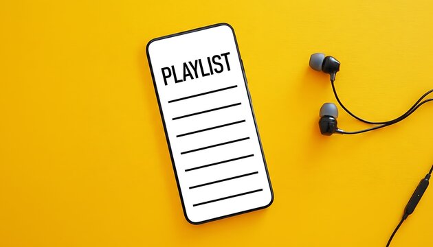 Smartphone display with music playlist on screen and wired earphones beside it on yellow background, top view copy space featuring mobile phone, cell phone, headphones with technology and gadget
