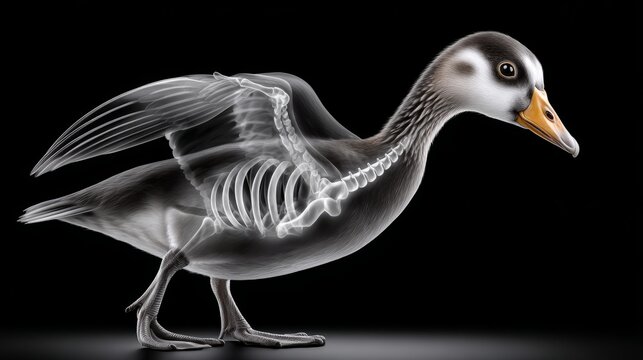 A duck displays its internal skeleton alongside visible wings in a dark setting