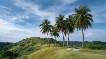Obraz premium Lush Green Landscape with Palm Trees Against a Blue Sky and Rolling Hills Under Bright Clouds in a Tropical Paradise Scenery