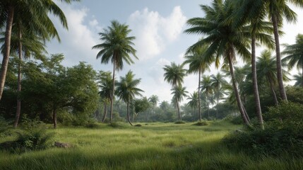 Obraz premium Lush Tropical Landscape with Palms, Green Grass, Blue Sky, and Soft Clouds in a Serene Natural Environment Ideal for Relaxation and Escape