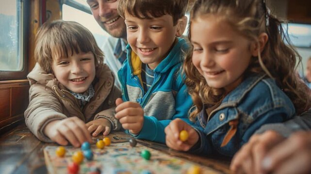 Children and an adult enthusiastically play a board game together on a train during a sunny afternoon, sharing joy and excitement as they bond as a family on their pleasant journey
