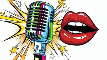 Vibrant Microphone Illustration with Lips and Stars.
