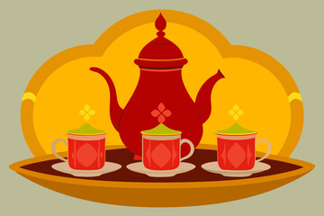 Traditional arabic tea setting with red teapot and cups