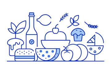 Food and drink line illustration with various healthy and unhealthy options