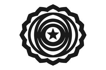 Black and white starburst logo with concentric circles