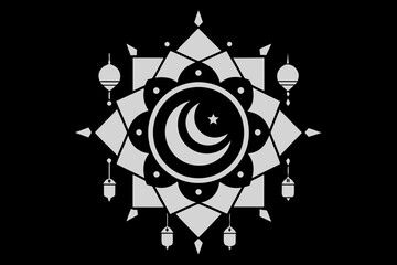 Elegant crescent moon design with lanterns and geometric patterns