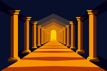 A long golden hallway with columns leading to a bright archway