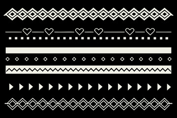 Collection of white geometric and heart patterns on black background
