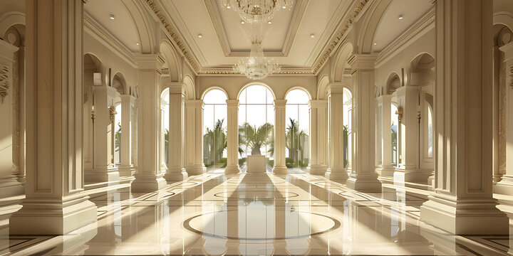 Luxurious Marble Hallway with Columns and Chandeliers