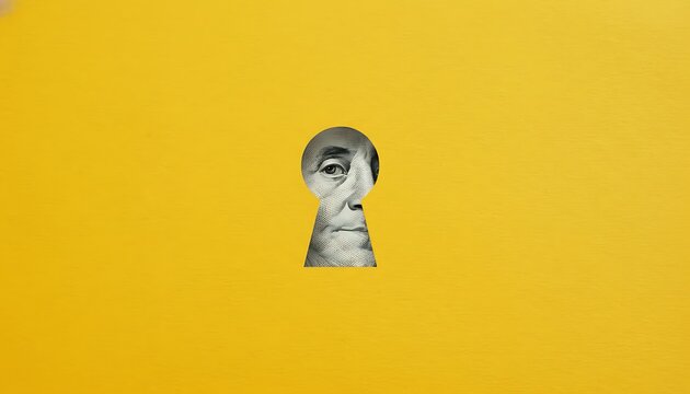 Keyhole surreal concept with hidden face inside, security and privacy metaphor on yellow background, secret access and curiosity idea with copy space featuring key hole, lock, lockhole with keyway