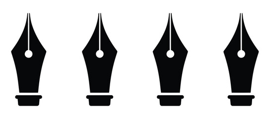 Set with Old Fountain Pen Nibs Vector Icons, vector icon collection featuring retro pen tips, classic fountain nibs, calligraphy tools, writing instruments, vintage stationery, artistic illustration 