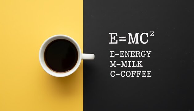Cup of coffee top view on split yellow and black background with chalkboard style E=MC2 energy milk coffee quote, minimal creative concept with copy space