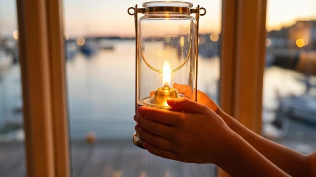 Senior generating hands passing a lit oil lantern to receiving young hands, symbolizing tradition, hope, and legacy continuity against a sunset harbor backdrop with bokeh lights