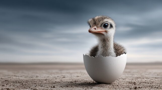 Ostrich Chick Hatching From Egg in a Desert Landscape Under Cloudy Sky