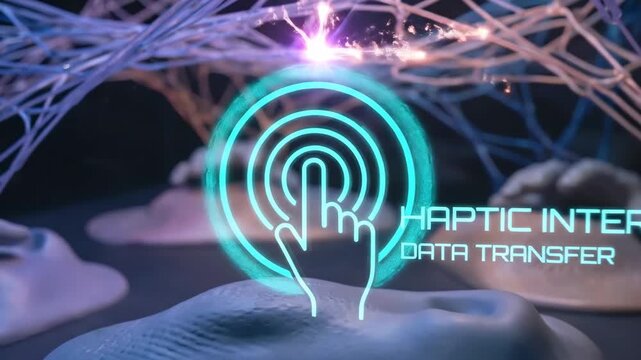 Display showing a haptic interface and data transfer with a touch icon overlaying bio-inspired forms and an interconnected web-like structure, representing advanced technology and interaction