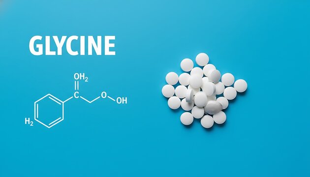 Glycine supplement pills with chemical structure diagram on blue background for healthy living and wellness featuring amino acid, nutrition, health with medicine and pharmaceuticals elements for