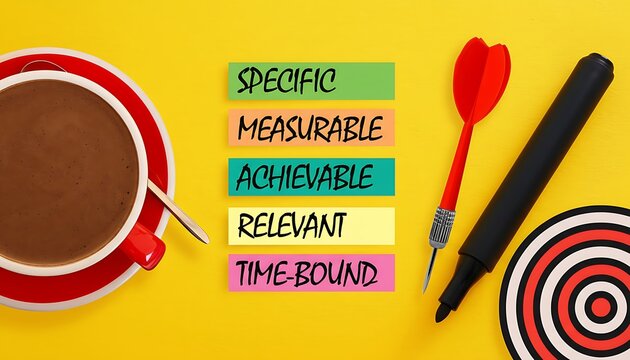 Sticky notes SMART goals concept with specific measurable achievable relevant time-bound text, coffee cup, marker pen and dartboard target on yellow background
