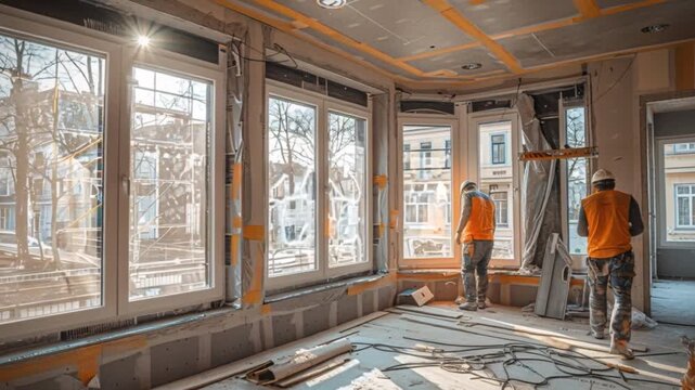 Contractor workers, donned safety attire, occupy nearly finished living area, their work environment now bathed morning sunlight streaming through large windows, with tools scattered on floor nearby