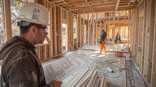 Contractors, likely skilled carpenters, scrutinize architectural blueprints amidst wooden framing and various construction materials in a residential renovation site