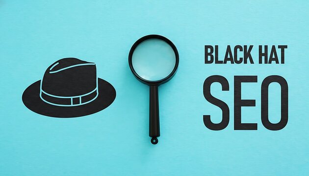 Magnifying glass and fedora hat icon concept for black hat SEO tactics, search engine optimization manipulation, website ranking fraud, analytics investigation on blue background