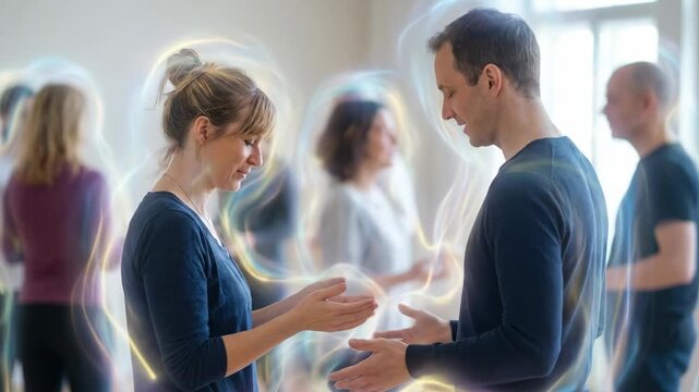 Group of people standing in a bright room, engaging in a spiritual workshop, feeling energy and connection, with visible auras surrounding their bodies