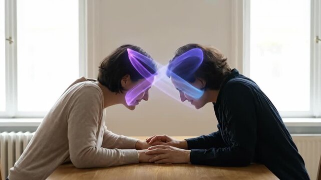 Two women sit holding hands, exchanging glowing light waves between their minds to represent empathetic connection, telepathic communication, emotional support and deep bond
