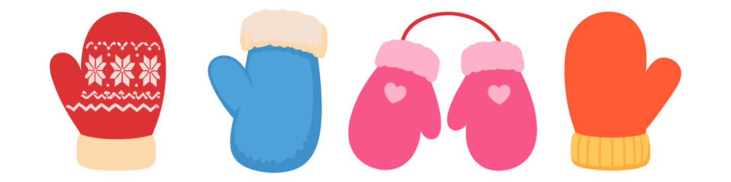 Collection of four colorful winter mittens with different patterns and designs