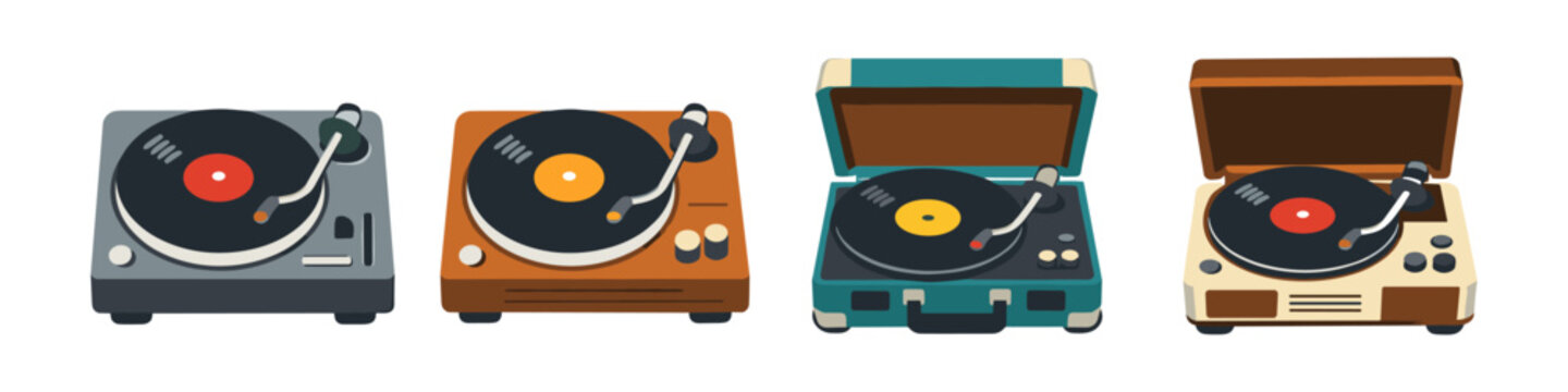 Collection of four vintage record players in different styles and colors