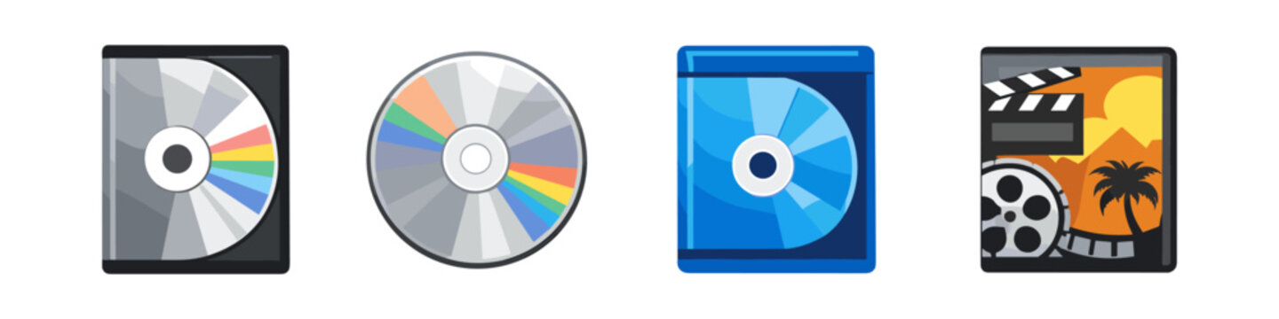 Collection of digital media storage icons including CDs, DVDs, and movie-themed cases