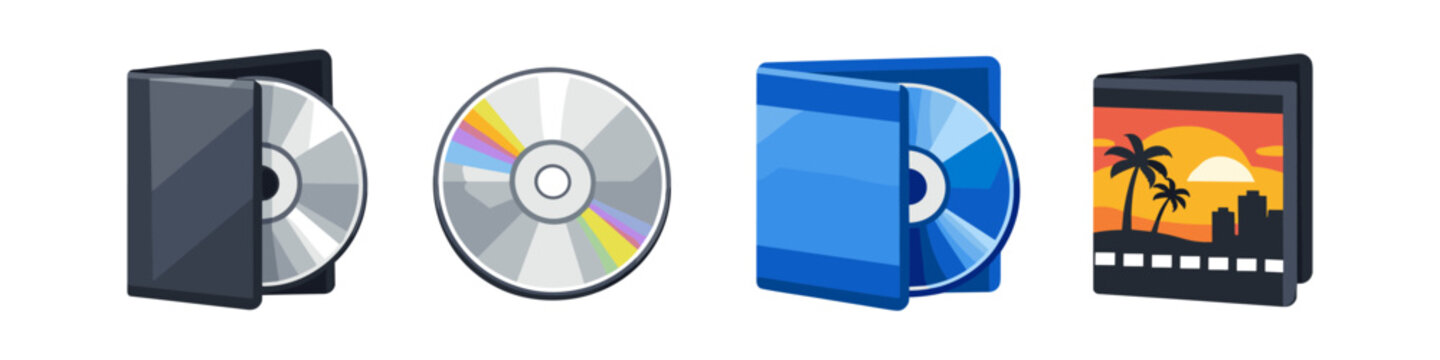 Collection of digital media storage icons including CDs and cases