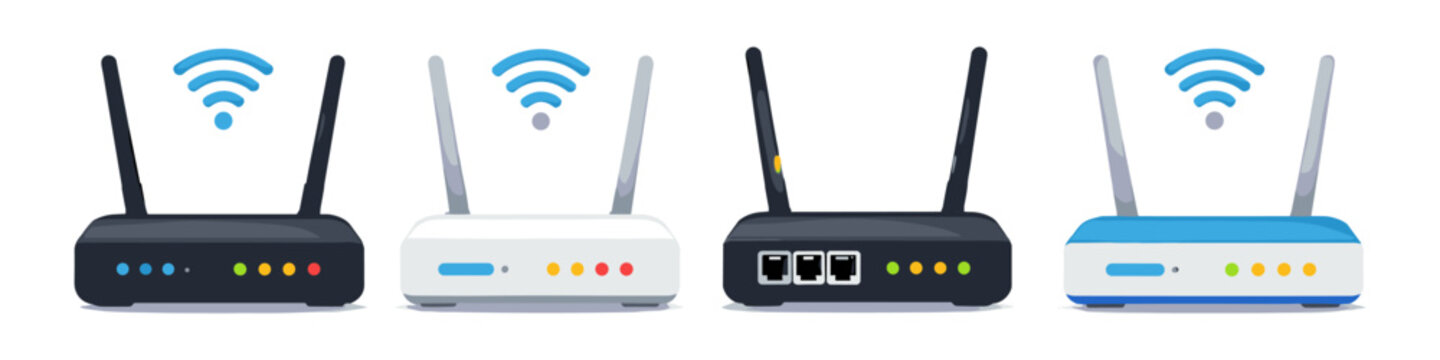 Collection of four wireless internet routers with Wi-Fi signals displayed above