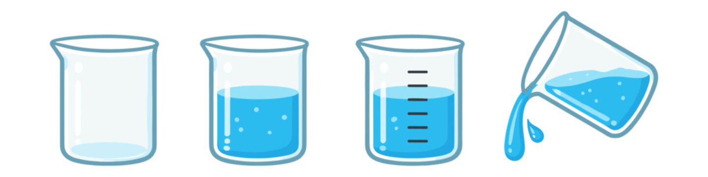 Four beakers showing different levels of blue liquid and one pouring out