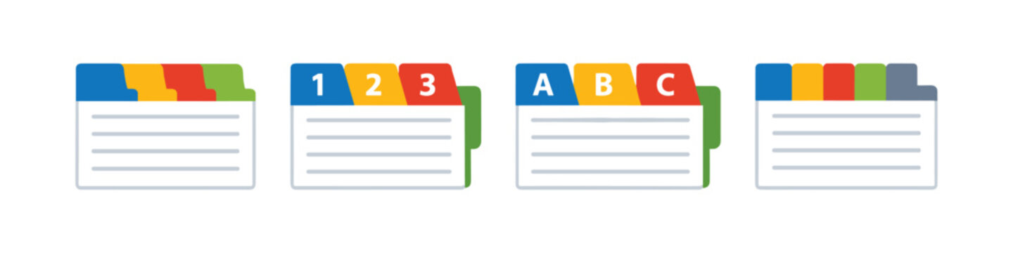 Set of colorful index cards with tabs for organization and categorization
