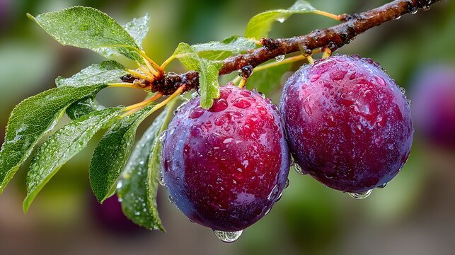 Two ripe purple plums hanging on a tree branch with green leaves and rain droplets on the fruit skin against a soft natural bokeh background.
