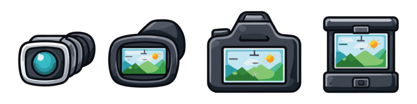 Collection of cartoon cameras and camcorders showing landscape scenes on screens
