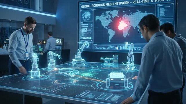Engineers monitor a high-tech control room with an interactive ar table projecting robotic arms and autonomous vehicles, while a large screen shows a global robotics mesh network