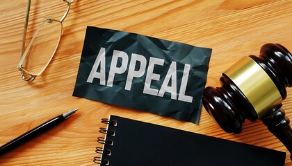 Fototapeta premium Appeal legal concept card with bold typography on crumpled paper beside judge gavel, glasses, pen and notebook on wooden desk, courtroom justice and law background