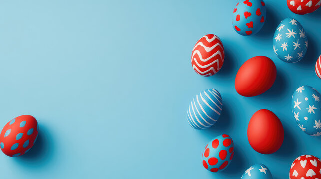 Colorful easter eggs in blue and red on a light blue background   spring holiday design