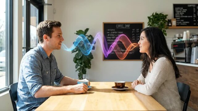 Man and woman having a conversation emitting colorful frequency waves, symbolizing effective communication, connection, and understanding during a coffee shop meeting