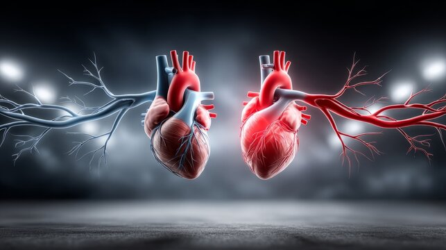 Heart structures in red and blue connecting through branches in a dark space