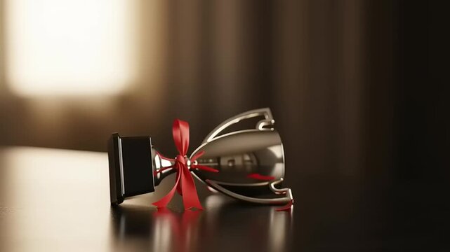 Silver Trophy with Red Ribbon on Table.