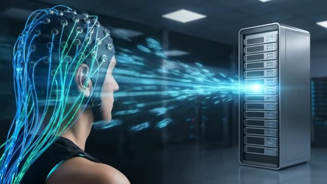 Human head wearing an eeg cap connecting brain data to a futuristic server rack in a data center, symbolizing advanced ai, neuroscience, and neural link technology