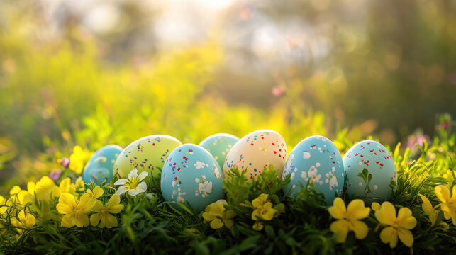A bunch of easter eggs sitting on top of a lush green field of flowers
