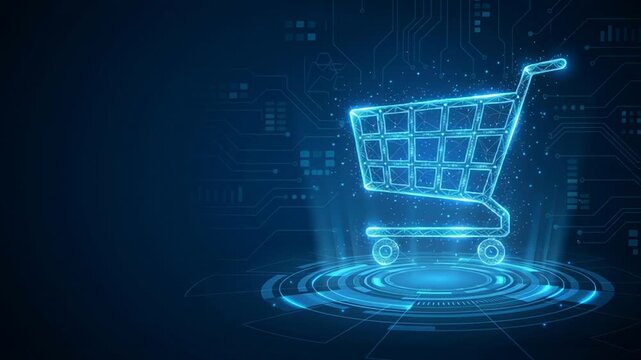 Digital shopping cart concept ecommerce marketing logistics online retail services customer interaction futuristic blue technology background for enhanced online shopping experience